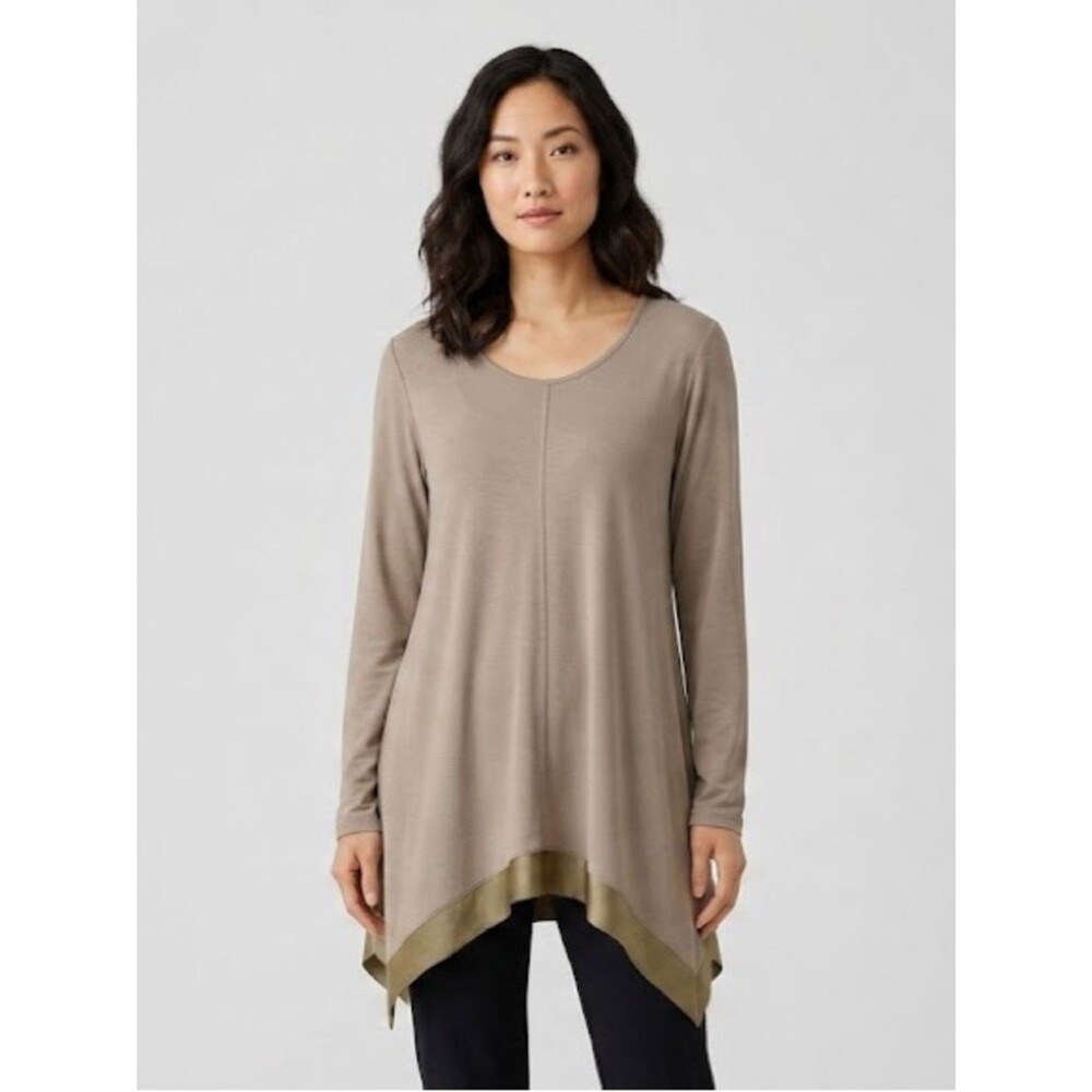 Garnett Hill Women's Tunic Top Silk Trim Beige Tan Long Sleeve Blouse size M